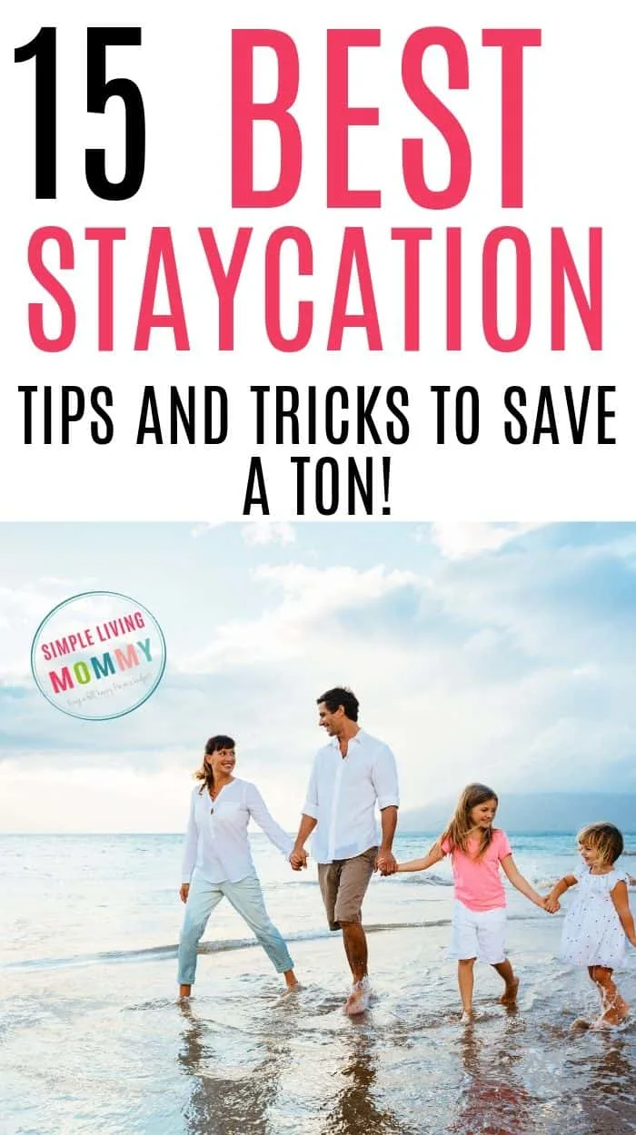 Family walking on a beach thinking of cheap staycation ideas for families