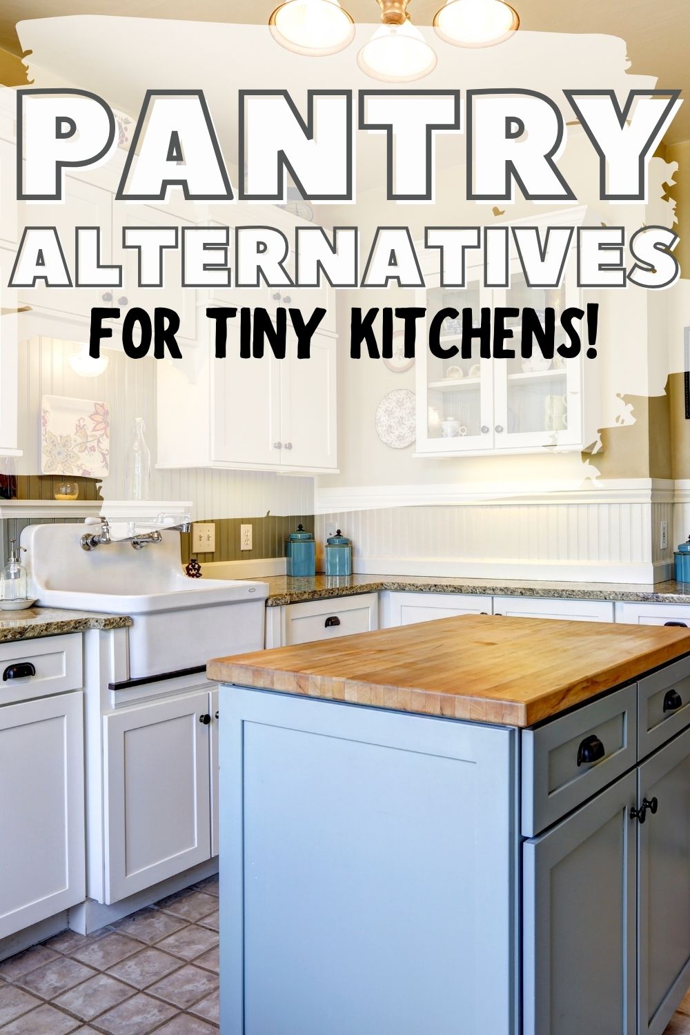 small kitchen - text says pantry alternatives for tiny kitchens