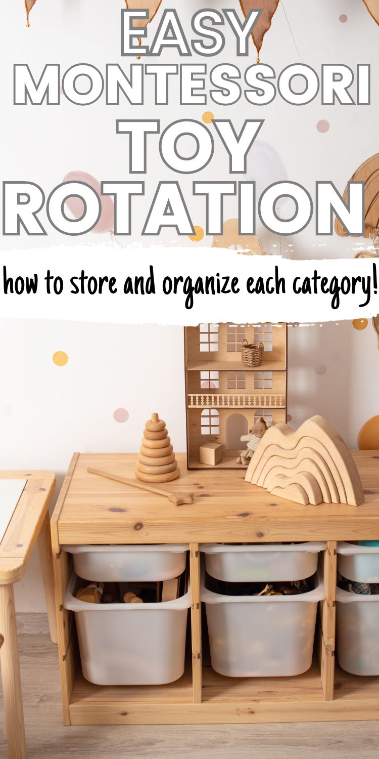 Montessori playroom with natural colored materials. Text overlay reads "Montessori toy rotation how to store and organize each category"