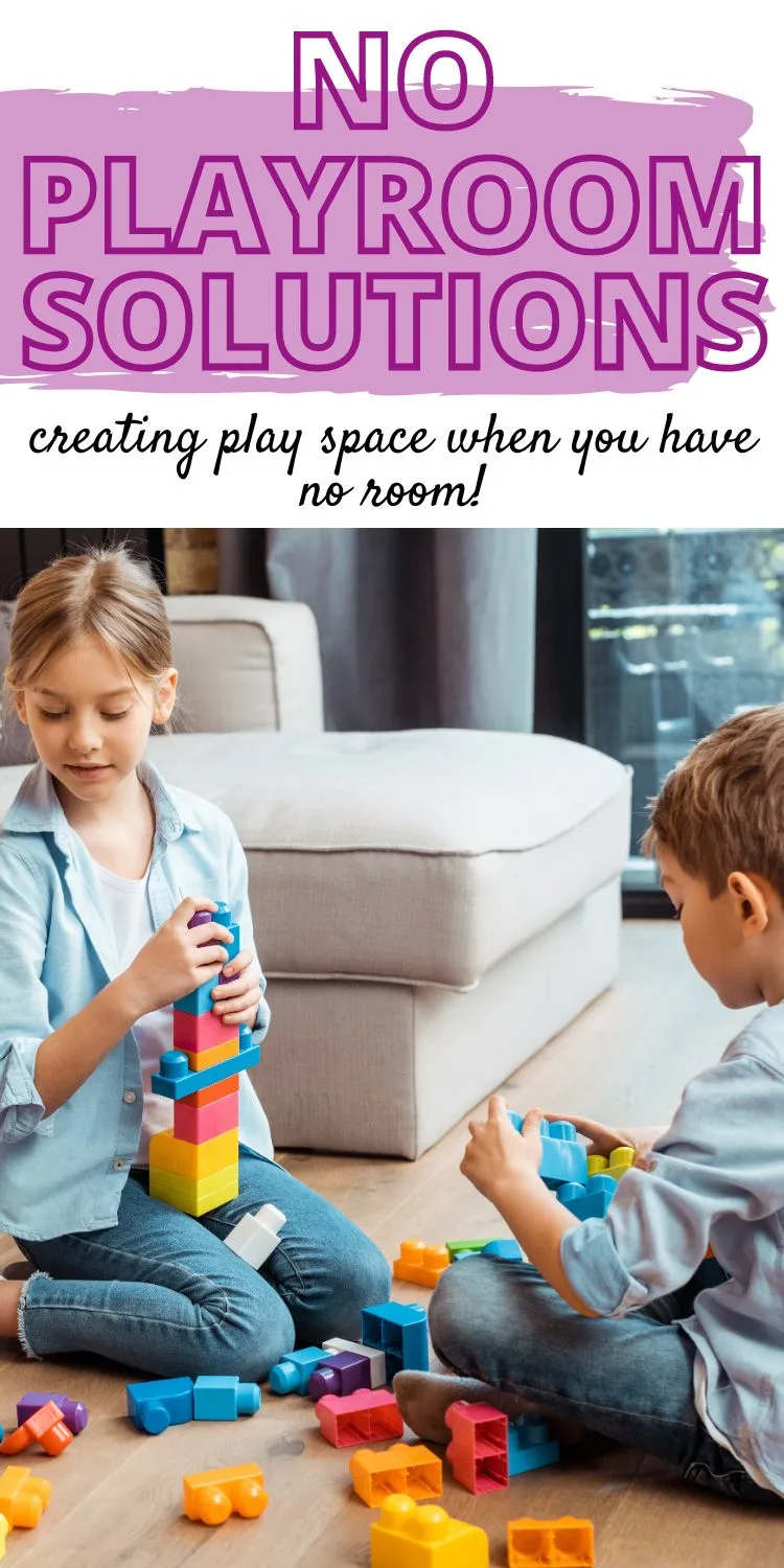 kids playing. Text overlay reads "no playroom solutions. Creating playspace when you have no room"
